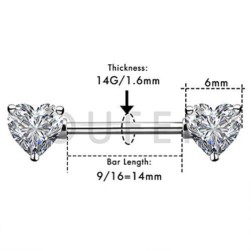 OUFER 2PCS 14G Surgical Steel Nipple Rings Barbell Heart CZ Nipple Rings Piercing for Women nippleshield Piercing Body Piercing - color: Silver