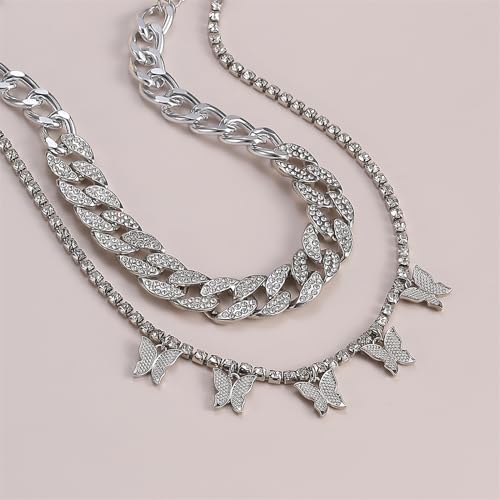 2Pcs Layered Hip Hop Shiny Rhinestone Bead Chunky Chain Butterfly Pendant Necklace Punk Crystal Cuban Link Chain Choker Collar Necklace for Women Party Birthday BarJewelry Gift - color: H silver-3