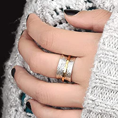 JUDE Stainless Steel Floral Pattern Chunky Size Rotating Spinner Band Ring - color: Silver Gold
