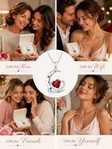 Birthstone Necklace for Women White Gold Moon and Star Pendant Moon Jewelry Anniversary Birthday Gifts for Mom Wife Her - color: 01. January - Garnet