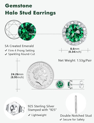 Dainty Birthstone Earrings for Women Sterling Silver Small Stud Earrings with Halo Cushion/Round Created Gemstone Earrings Birthstone Jewelry - style: B 05. May/created emerald-round cut