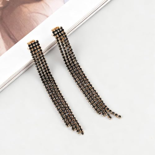 Rhinestone Clip on Earrings for Women Gold/Silver Prom Dresses 2026 Sparkly Chandelier Long Earrings Wedding Guest Jewelry - color: Black Clip on