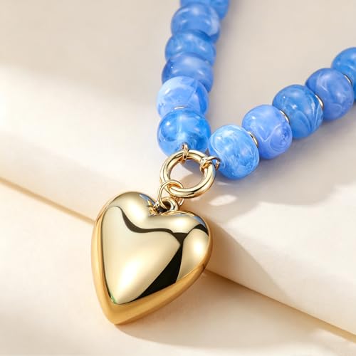 Chunky Heart Necklaces for Women Colorful Resin Beaded Necklaces for Women Gold Puffy Heart Statement Necklace Trendy Acrylic Choker Jewelry Gift - color: B-Light Blue