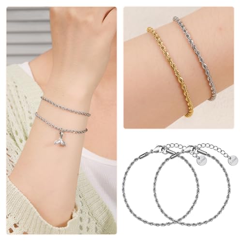 UMAOKANG 10 Pack Stainless Steel Rope Chain Bracelets for Jewelry Making | Adjustable Silver Hand Chains Bracelet Bulk Permanent Jewelry Supplies - color: 10pcs Rope Steel