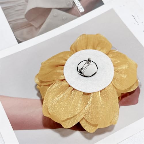 Flash Camellia Flower Brooch Pin for Women Men Elegant Texture Fabric Dahlia Rose Floral Brooches Lapel Pins Dainty Wedding Holiday Party Costume Dress Accessories Jewelry - color: Gold-Tone