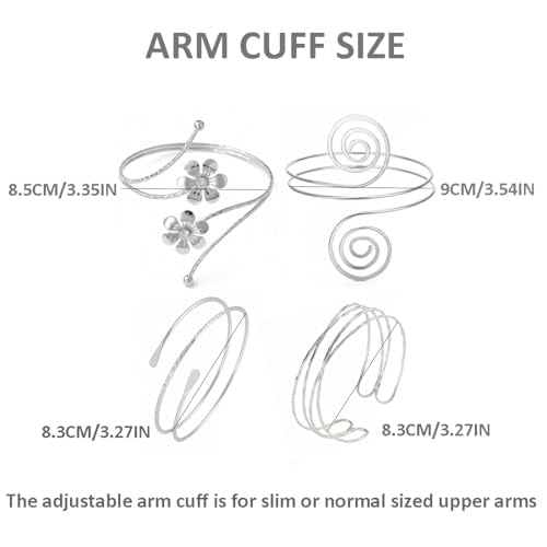 ItsStarred Minimalist Arm Cuff Gold Plated, Upper Arm Cuff Bangle Bracelet for Women, Adjustable Arm band Set 6 Pieces - color: A1: Silver Plated Coil 4pcs