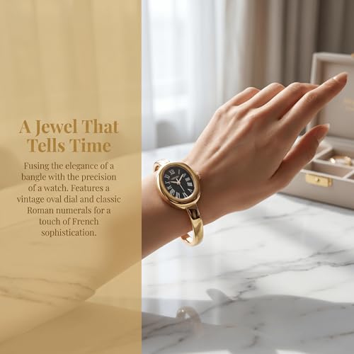 Women's Oval Bangle Watch, Elegant Open-Cuff Bracelet Wrist Watch with Roman Numeral Dial, Minimalist Luxury Fashion Quartz Watch for Ladies - color: Gold/Black