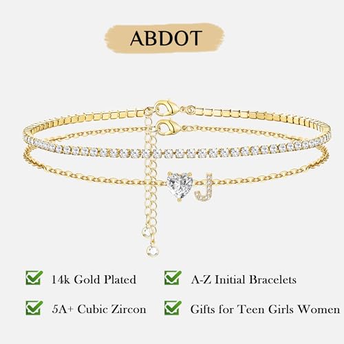 Gold Bracelets for Women Trendy Dainty 14K Gold Plated Layered Initial Tennis Bracelets for Women Non Tarnish A-Z Heart Letter Charm Gifts for Mom Best Friend - style: Gold-J