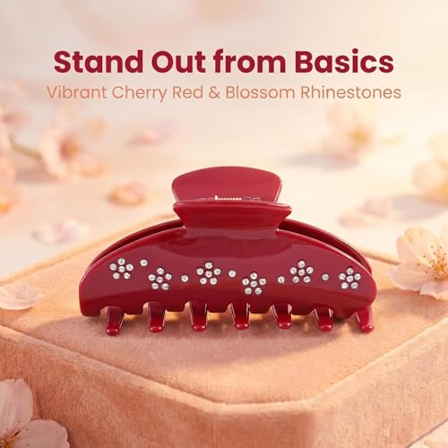 Red Claw Clips Acetate Big Hair Clips for Women Thick Hair 4In | Large 4 Inch Red, Premium Acetate Rhinestone Starburst Non-Slip Jaw Clips for Women Styling Fine, Thick & Curly Updo Hair - color: red