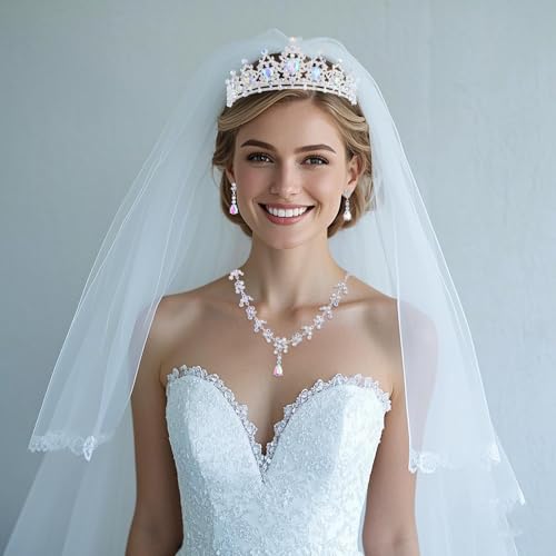 Crystal Crown and Tiara Jewelry Set for Women Bride with Necklace Earrings | Metal Rhinestone Royal Queen Princess Jewelry Set Wedding Quinceanera Pageant Prom Birthday Halloween Party Costume Gift - color: Silver ab