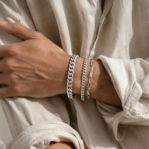Mens Bracelet - Dainty Gold/Silver Chain Bracelet Stack 14K Gold Plated Silver Bracelets for Men Stainless Steel Adjustable Cross Charm Cuban Link Bracelet Snake Jewelry Set to Men Dad Birthday Day - color: S4, size: 8+2 Inch
