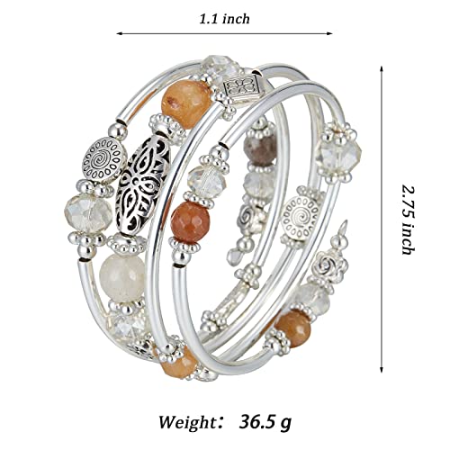 FULU AUTUMN Stackable Beaded Bracelets for Women Boho Wrap Silver Bracelet Layered Fashion Jewelry Gifts for Her - color: Brown