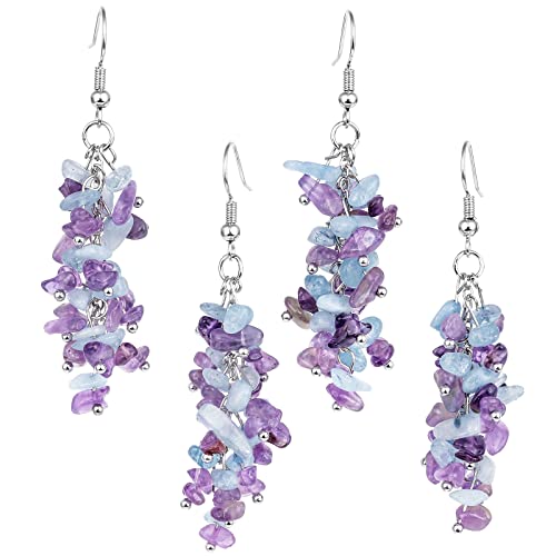 Nupuyai Natural Tumbled Stones Earrings for Women, Reiki Healing Crystal Long Dangle Hook Eardrop - color: #5-Purple & Blue