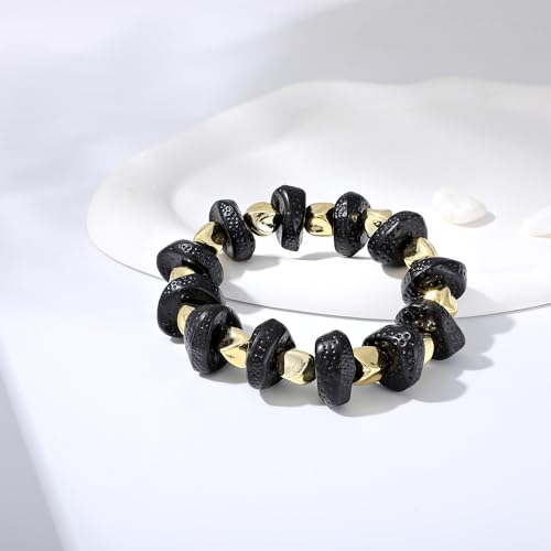 GOOJIDS Simple Beaded Gold Plated Bangles Bracelet Chunky Bamboo Tube Curved Stacking Clear Acrylic Colorful Beads Stretchable Gold Plated Bracelets Set For Women - color: D-Black&Gold Bracelet