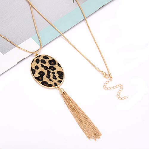 MOLOCH Long Necklaces For Woman Disk Circle Pendant Necklaces Tassel Fringe Necklace Set Statement Pendant - color: oval--gold-light leopard