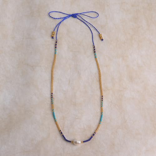 Boho Pearl Beaded Choker Necklaces for Women, Dainty Handmade Colorful Seed Beads Adjustable Long Necklace Summer Beach Surfer Bohemian Jewelry Gift