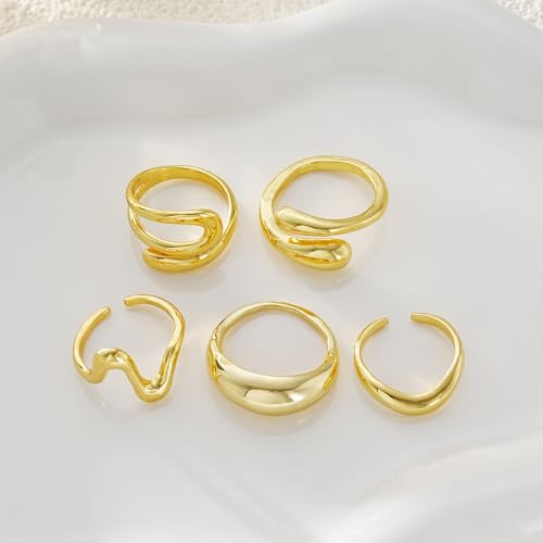 17 MILE Chunky Gold Stackable Rings for Women Non Tarnish, 18K Gold-Plated Statement Open Stacking Rings, Knuckle Band Ring Set - color: Gold 5 Pcs