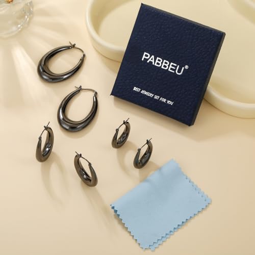 PABBEU Chunky Silver Hoops Earrings for Women Hypoallergenic | Lightweight 925 Sterling Silver Oval Hoop Earring, Sterling Silver Thick Hoop Earrings for Women Gift 25/28/30/38/40mm - color: black 40mm/ 1.57in