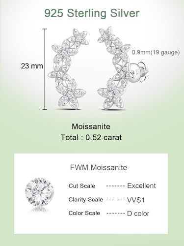 Moissanite 20mm Butterlfy/Flower/Leaf/Bezel Crawler Stud Earrings for Women, 925 Sterling Silver with Gold Plated, Hypoallergenic Cartilage Earrings, Valentines Birthday Anniversary Wedding Gift - color: Flower - White Gold