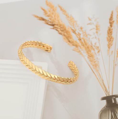 PERNNLA PEARL Dainty Gold Bar Bracelet for Women Simple Delicate Thin Cuff Bangle Hook Bracelet 18K Gold Plated Handmade Minimalist Jewelry - color: 32.Ear of Wheat