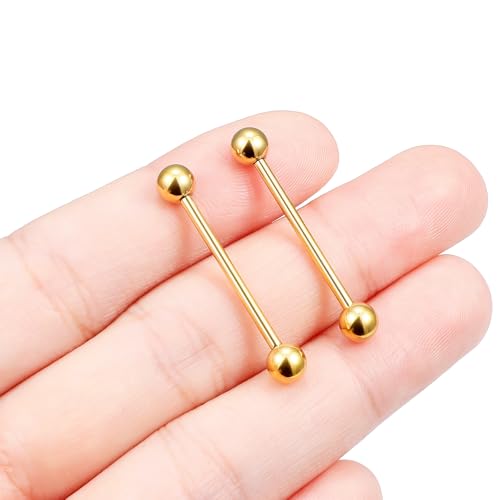 16G 14G Surgical Steel Tongue Rings Nipple Rings Industrial Piercing Jewelry Set Multi Size Straight Barbells 12mm 14mm 16mm 19mm 22mm 28mm 32mm 35mm 38mm 40mm 45mm for Women Men - color: goldtone, size: 14g,bar length 22mm