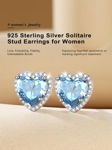 Bestyle Authentic 925 Sterling Silver 2 Carat Birthstone Earrings for Women, More Sparkle Heart/Round Solitaire Diamond Studs Earrings, Great Birthday/Christmas/Anniversary Jewelry for Wife Mother - color: 03. Mar. Aquamarine-Heart