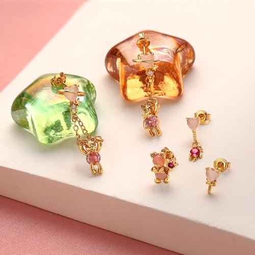 Sterling Silver Earrings Stacks for Women, Hypoallergenic Cartilage Earring | Dainty Stud Huggie Hoop Dangle Chain Earrings, 14K Gold/White Gold Plated - color: 5Pcs Dangle Pink Bear(Single Earring Not a Pair)
