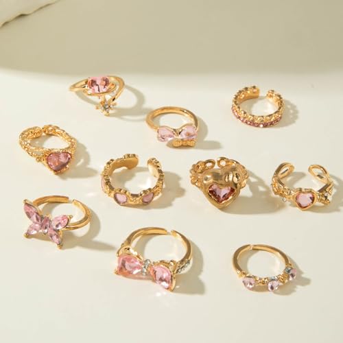 Rrdaily 14K Gold Plated Stackable Knuckle Rings Set for Women Trendy Chunky Simulation Gemstone Signet Rings Dainty Midi Finger Rings Pack Aesthetic Statement Jewelry for Bridesmaid Wedding Gifts - style: 10 Pcs Gold