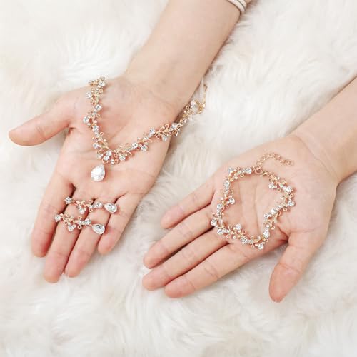 Rhinestone Wedding Jewelry Sets for Bridal Women Crystal Necklace Bracelet Earrings Set Prom Jewelry Set for Brides - color: Gold