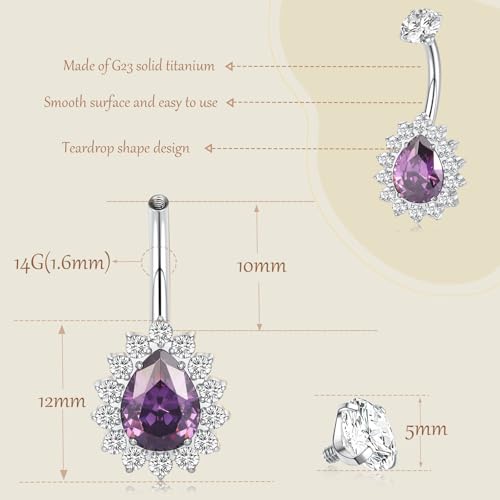 AROWRO Gold Belly Button Ring G23 Titanium Hypoallergenic 14G belly ring for Women Men Teardrop Navel Piercing Jewelry 10mm Barbell With Cubic Zircon - color: Sliver+Purple CZ