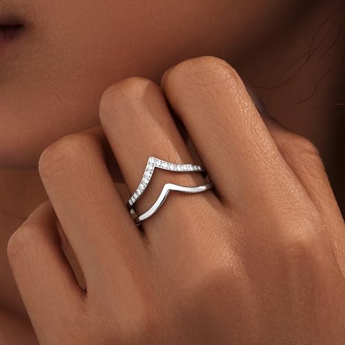 Gelbesty Silver Plated Chevron Ring for Women, Stackable V Shaped Curved Wedding Band 2Pcs Set, Pave CZ Wishbone Ring Enhancer Fits Pear & Solitaire Engagement Rings Jewelry Gift Size 6 7 8 9 10 11 - size: 8