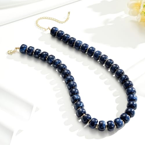 Beaded Necklaces for Women - Colorful Acrylic Beaded Chunky Necklace | Adjustable Statement Necklace, Puffy Heart Pendant, Boho Choker Necklace, Waterproof Summer Beach Jewelry, Gifts for Vacation - color: Navy Blue