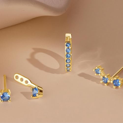 3 Pairs Dainty Small Earrings Set for Women Trendy, Birthstone Stud Huggie Hoop Jacket Stack for Cartilage Helix, Gold Plated Hypoallergenic Cute Women Fashion Accessories Western Jewelry Gifts - color: 12Blue Created Topaz-Dec (Gold)