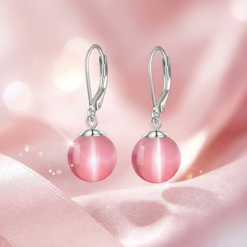 Pearl Leverback Earrings for Women Dangle Round Gemstone Earrings Birthstone Jewelry Gift Anniversary for Her - color: 21 Pink cat-eye