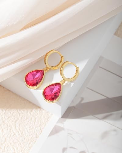 Crystals Teardrop Dangle Drop Earrings, 18K Gold Plated Hoop Earrings Zirconia Jewelry for Women Gifts - color: Rose Red