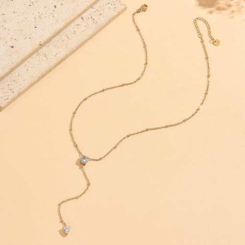 Dainty Y-Shaped Lariat CZ Drop Charm Pendant Necklaces for Women - color: Round-CZ-GD