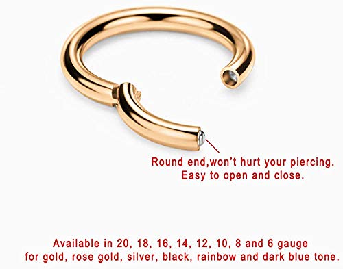 316L Surgical Steel Hypoallergenic Hinged Nose Ring Hoop for Women & Men | Seamless Clasp, Used in Nostril, septum, lip, and all ear piercings. 20 Gauge to 6 Gauge, Inner Diameter 5mm to 22mm - color: 18k rose gold-plated, size: 8 Gauge 10mm