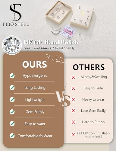 Cartilage Earrings for Women - 14K Gold Plated Flat Back Helix Conch Tragus Piercing Jewelry Single Stainless Steel Stud Earrings Hoops Stackable Set - color: Silver Tone