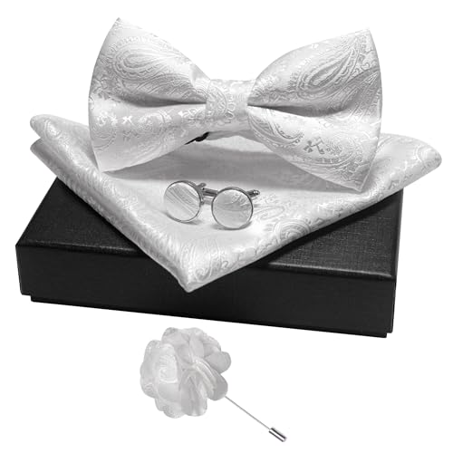 JEMYGINS Mens Paisley Bow Tie and Lapel Pin Necktie Pocket Square and Tie Clip with Sets for Business Casual 4PCS - color: White