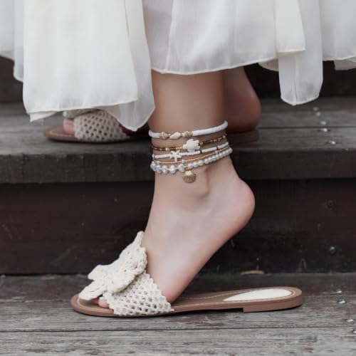 Beaded Anklet Bracelets For Women Waterproof Gold Anklets Jewelry Set Stack | non tarnish free pearl puka seashell beach boho stretchy anklet for summer dainty and tewiky gold plated - color: Pearl Shell