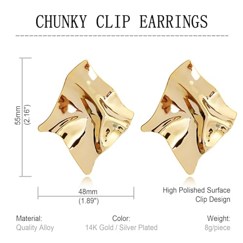 REELMAR Chunky Geometric Clip On Earrings for Women Trendy Gold-Plated Thick Hammered Rectangle Dupes Earrings Minimalist Statement Earrings No Piercing Clips - color: Chunky-Silver
