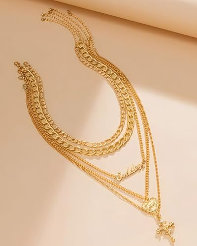 Gold Layered Necklaces for Women Chunky Layered Gold Link Chain Necklaces Trendy Paperclip Herringbone Toggle Clasp Necklace Statement Jewelry Accessories for Her - color: A6:heart goddess necklaces