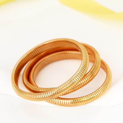 Gold Chunky Stretch Snake Chain Bangle Bracelets Stack for Women Trendy, 18K Gold Filled Stainless Steel Stretchy Womens Stackable Wristband Bangles Bracelet Set - style: 3PCS 10MM EACH