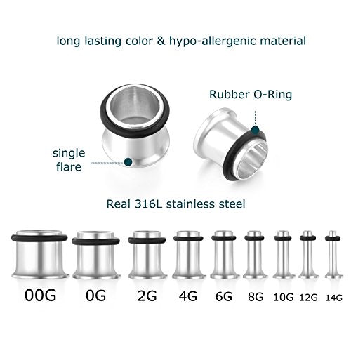 vcmart 14G-00G 36 pcs Ear Gauges Stretching Kit Tapers Plugs Eyelets Implant Grade Steel - color: Silver-tone