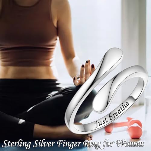 Fookduoduo 925 Sterling Silver Ring Inspirational Jewelry adjustable Wrap Open Rings for Women - style: Just Breathe