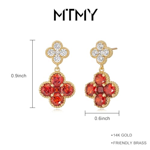 MTMY Dangle Earrings for Women 14K Gold Plated Four Leaf Clover Dangling Drop Birthstone Stud Earrings Trendy Flower Birthstone Jewelry Birthday Gifts - style: Jan.-Garnet