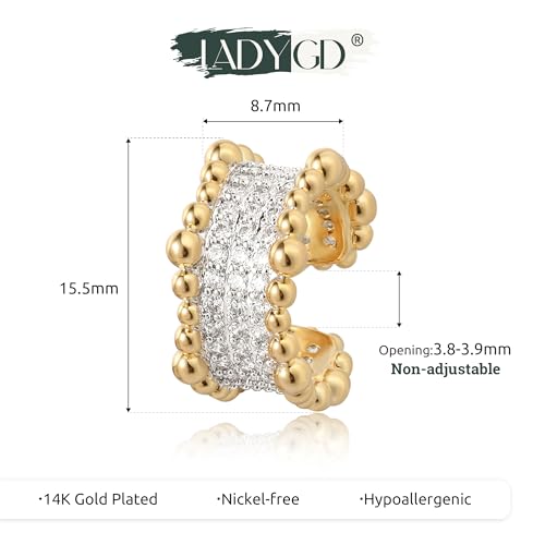 Sparkle Ear Cuff for Women, Non Piercing Single | 14K Gold Plated Brass, Clear Cubic Zirconia Accents, Fixed 3.8-3.9 mm Opening, Single Non-Piercing Cuff For Ear Stacks - style: Beaded Glow