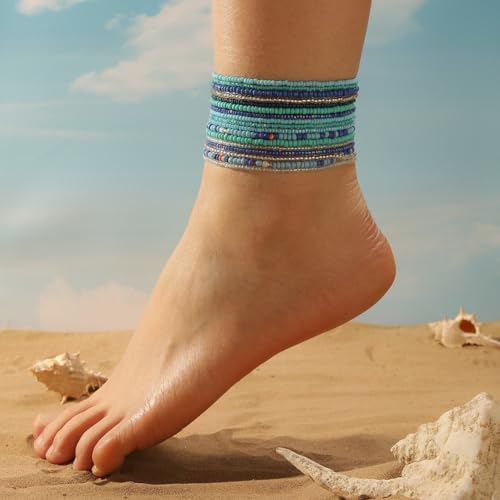 18Pcs Boho Stackable Beaded Bracelets for Women Colorful Handmade Multilayered Rice Beads Anklets Set Summer Beach Bohemian Jewelry Gift - color: Style 1 Green