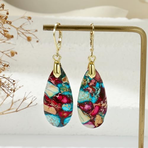 Natural Healing Teardrop Stone Leverback Dangle Drop Earrings Statement Gold earrings - color: Colorful -Gold-02