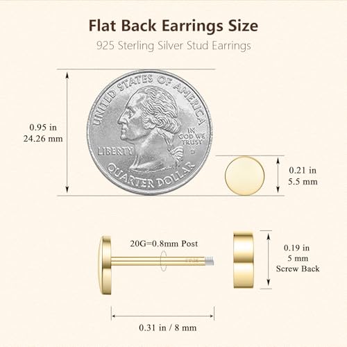 JIAYIQI Minimalist 925 Sterling Silver Stud Earrings Set, 14K Gold Plated Hypoallergenic Tiny Bar Dot Heart Star Studs for Women & Men - style: Gold-Dot-Flatback-1 Pair